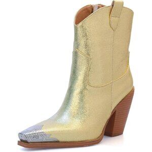 Women's Gold Engraved Steel Toe Cowgirl Boots Stacked Block Heels Short Boots